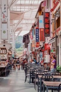 Chinatown Singapore street market with colorful lanterns