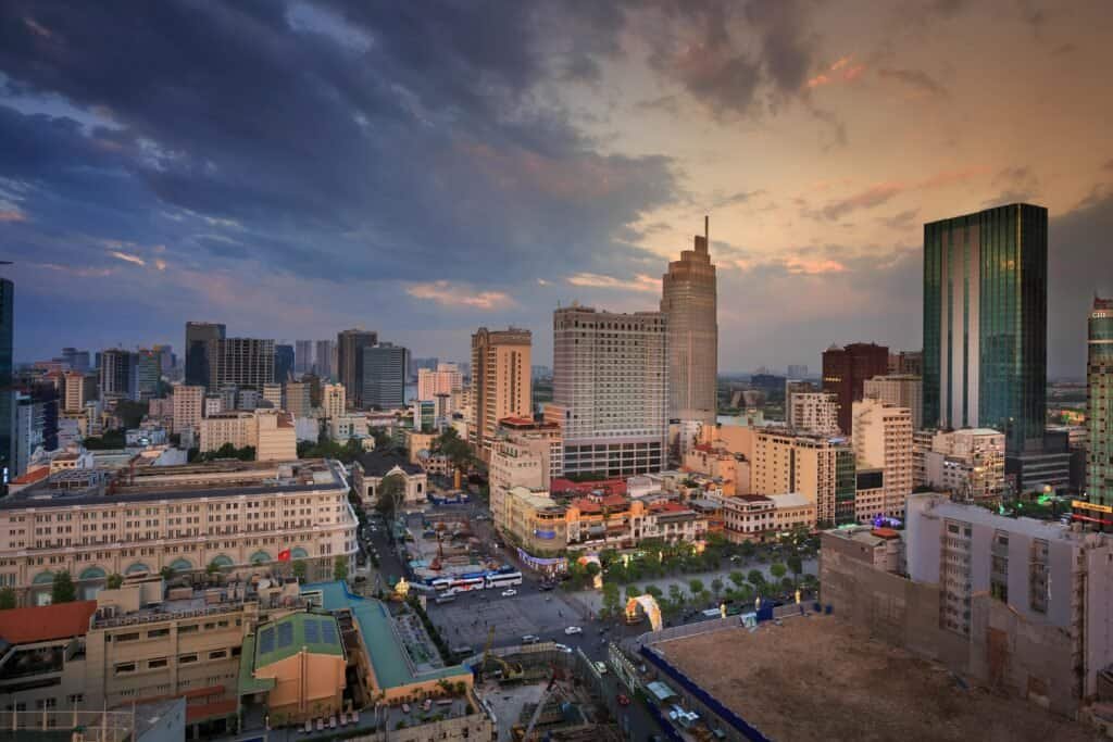 Ho Chi Minh City skyline and Notre Dame Cathedral at dusk Vietnam Travel Guide 2025 | Top Places to Visit, Things to Do & Travel Tips Ho Chi Minh City skyline and Notre-Dame Cathedral at dusk.