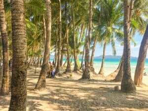 White Beach Boracay Philippines at sunset with palm trees
