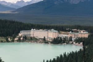 Aerial Footage of Hotel on a Countryside, Lake Louise, AB, Canada