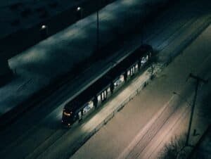 Aerial Night View of Train in Winter Snow, Kitchener, Ontario, Canada