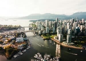 Aerial Shot of Big City with Tall Buildings, Vancouver, BC, Canada