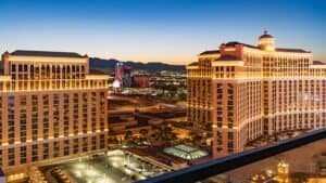 Aerial View of Bellagio Hotel in Las Vegas at Twilight, Las Vegas, USA