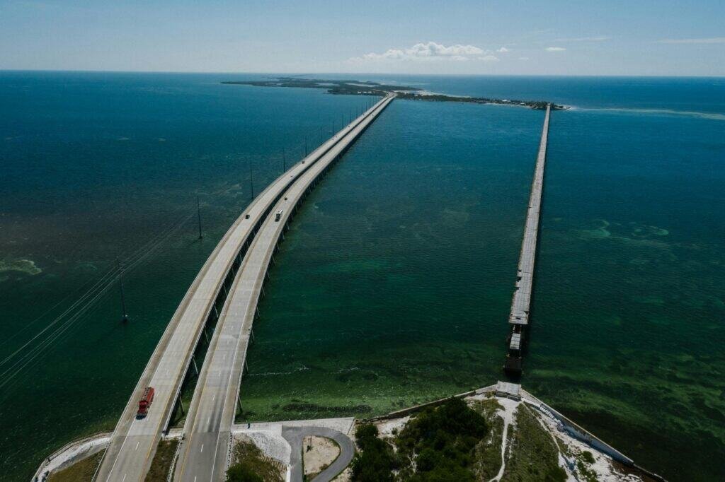 Aerial View of The Seven Mile Bridge Above the Sea, USA