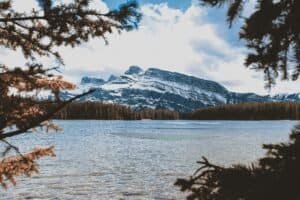 Body of Water Beside Brown Trees Near Mountain, Banff, AB, Canada