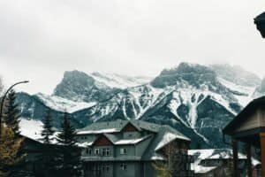 Building Beside the Snow Covered Rocky Mountain, Canmore, AB, Canada