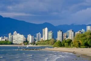 City Beach with Apartment Buildings and Mountains, Vancouver, BC, Canada