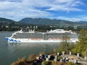 Cruise Ship Passing Lions Gate Bridge in Canada
