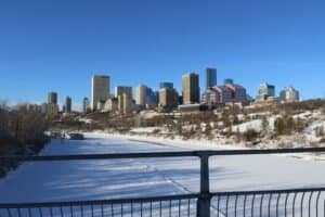 Edmonton Skyline in Winter with Snow Covered River, Edmonton, Canada