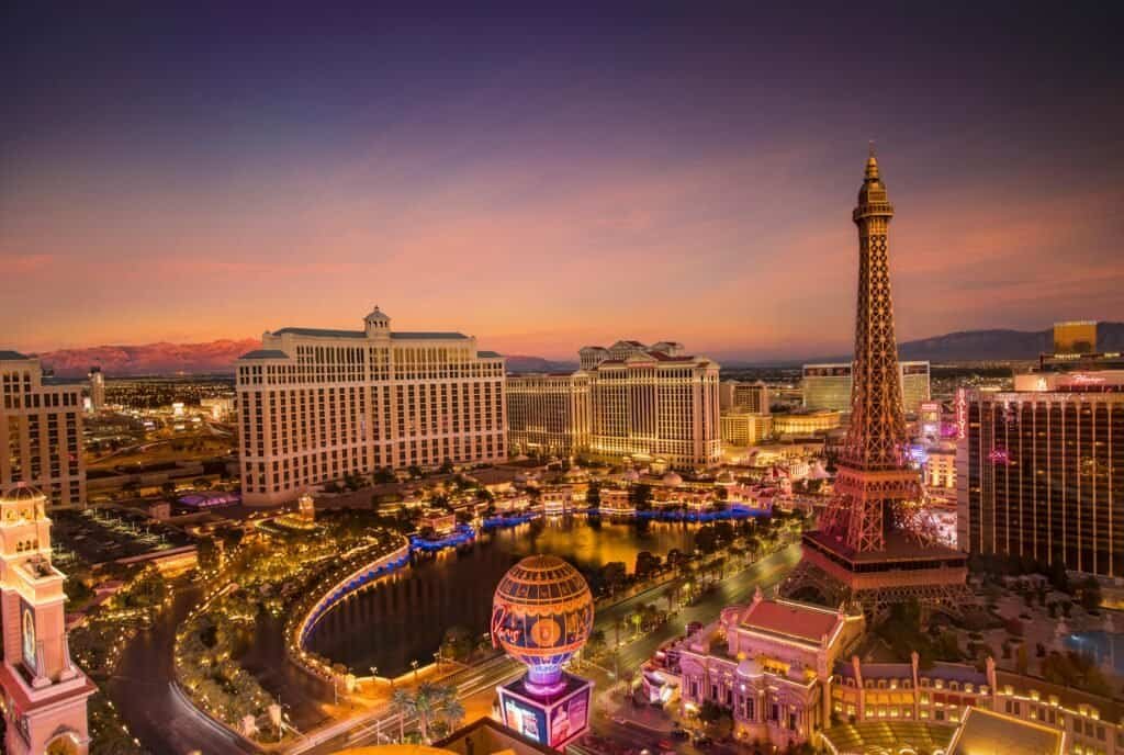 Eiffel Tower Replica in Las Vegas Sunset Skyline, Las Vegas, United States
