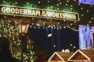 Glowing signboard on street on Christmas holidays, ON, Canada