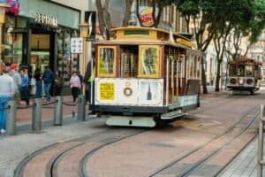 Iconic San Francisco Cable Car in Downtown Street, San Francisco, USA