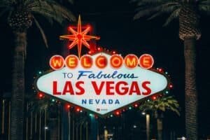 Iconic Welcome to Fabulous Las Vegas Sign at Night, Las Vegas, USA