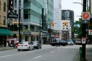 Lively Urban Intersection in Downtown Cityscape, Vancouver, Canada