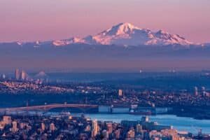 Panorama of City at Foot of High Mountains, West Vancouver, BC, Canada