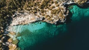 Rocky coast over sea, Tobermory, ON, Canada