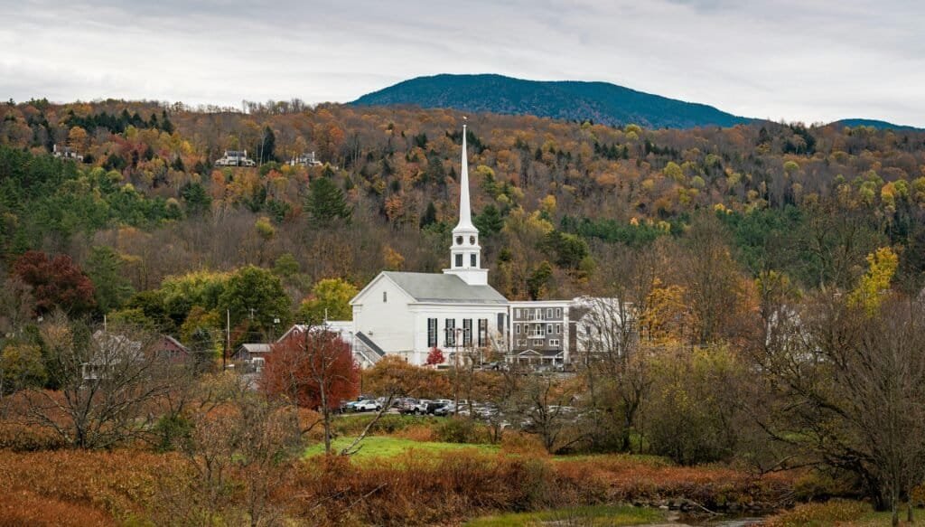 Scenic Church in Autumn Landscape, Stowe, United States