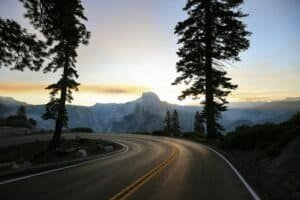 Scenic Road to Yosemite's Half Dome at Sunset, Yosemite National Park, California, United States