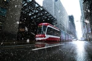 Streetcar Passing Buildings, Toronto, ON, Canada