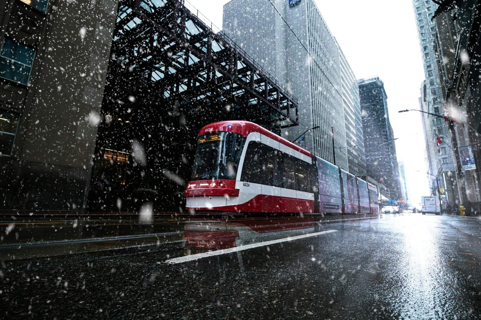 Streetcar Passing Buildings, Toronto, ON, Canada