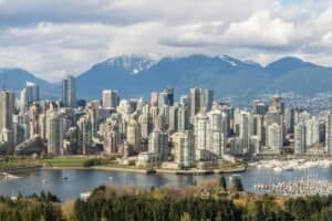 Vancouver Skyline with Mountains and Marina, Vancouver, Canada