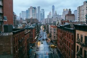 Vibrant New York City Street with Skyline Views, New York, USA
