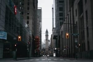 View on street in city, Toronto, ON, Canada
