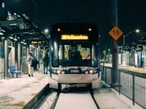 Winter Night Scene of Kitchener Light Rail Station, ON, Canada