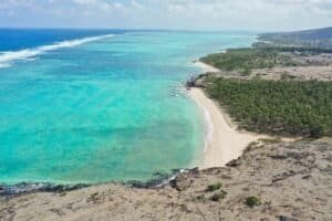 Drone Shot of a Beach with Blue Sea, Gravier, Rodrigues District, Mauritius