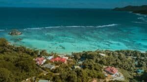 Drone Shot of an Island Near the Turquoise Sea, Seychelles