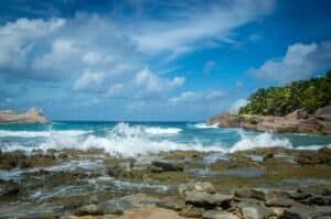Secluded Beach with Rock Formation and Palm Trees, Seychelles