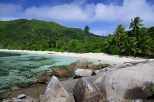 Tropical Beach with Lush Greenery and Boulders, Seychelles