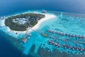 Aerial View of Beach and Water Villas, Maldives
