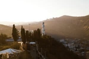 A stunning aerial view of Kartlis Deda in Tbilisi, Georgia