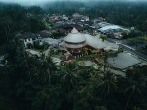 A stunning aerial view of a bamboo resort in Tegallalang, Bali, Indonesia