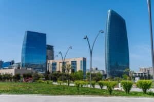A vibrant cityscape of modern skyscrapers in Baku, Azerbaijan