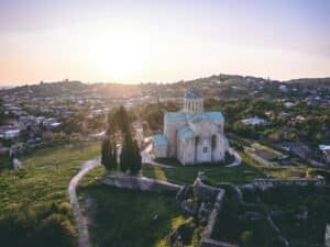 Aerial view of Bagrati Cathedral in Kutaisi, Georgia