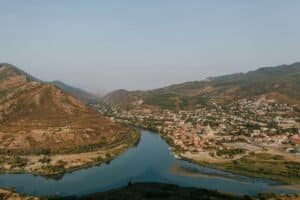 Aerial view of Mtskheta with Aragvi river, beautiful landscape of Georgia