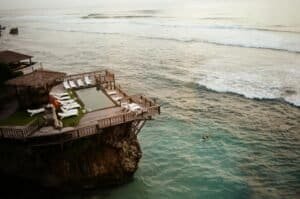 Aerial view of a luxurious cliffside resort in Bali, Indonesia