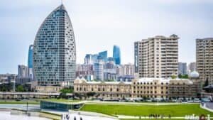 Panoramic view of Baku's skyline, highlighting modern architecture, Azerbaijan