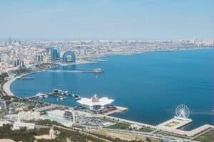 Stunning Baku's modern skyline and waterfront in daylight, showcasing architectural landmarks. Azerbaijan