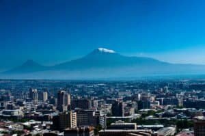 Stunning aerial panorama of Yerevan cityscape with the majestic Mount Ararat in the background, Armenia