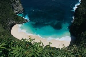 Stunning high-angle view of the turquoise waters and sandy beach, Nusa Penida, Bali