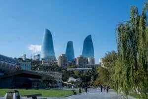 The iconic Flame Towers in Baku, Azerbaijan
