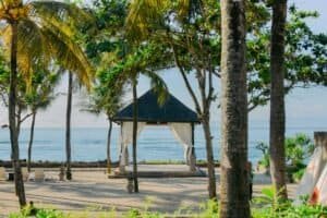 Tropical pavilion with palm trees at the beach in Bali