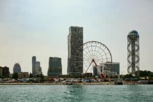 View of Batumi, Georgia's skyline featuring the Ferris wheel and modern architecture, Georgia