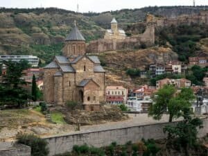 View of historic churches and the Narikala Fortress in Tbilisi, Georgia